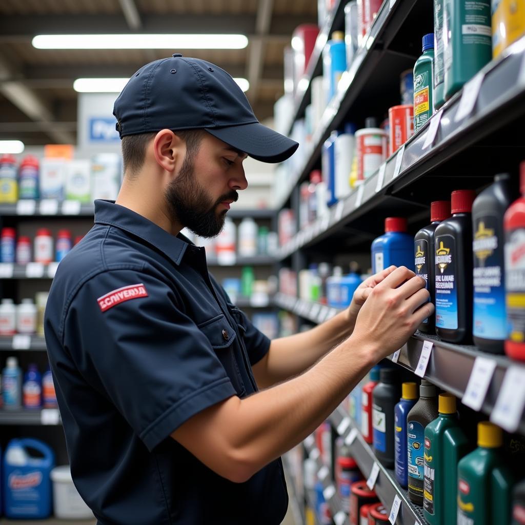 A mechanic carefully selecting car maintenance products for a customer's vehicle.