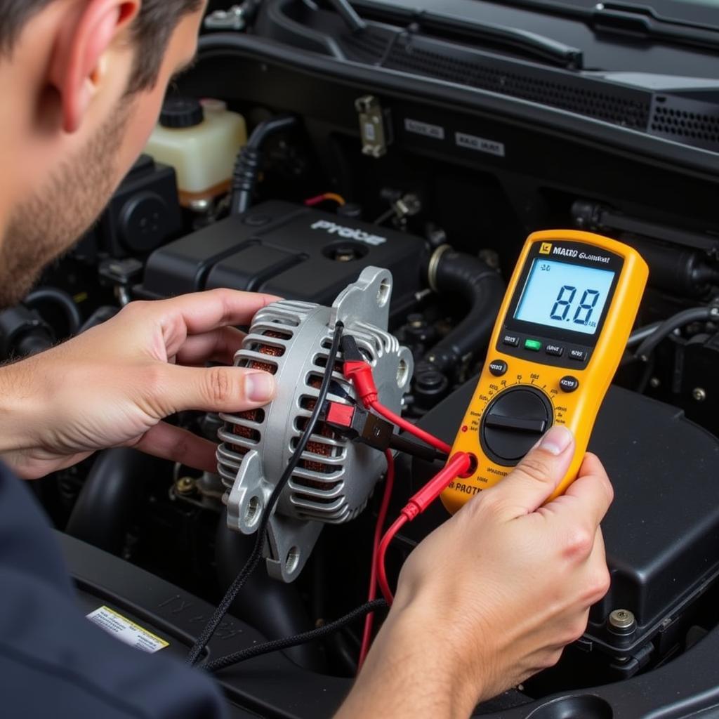 Mechanic using a multimeter to test a car's alternator output voltage.