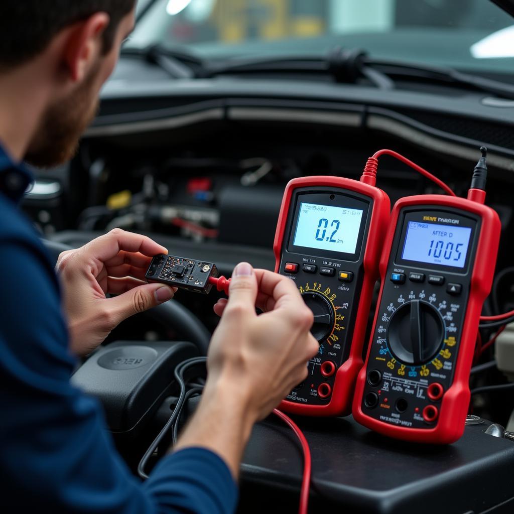 Mechanic Testing Car Chip with Multimeter