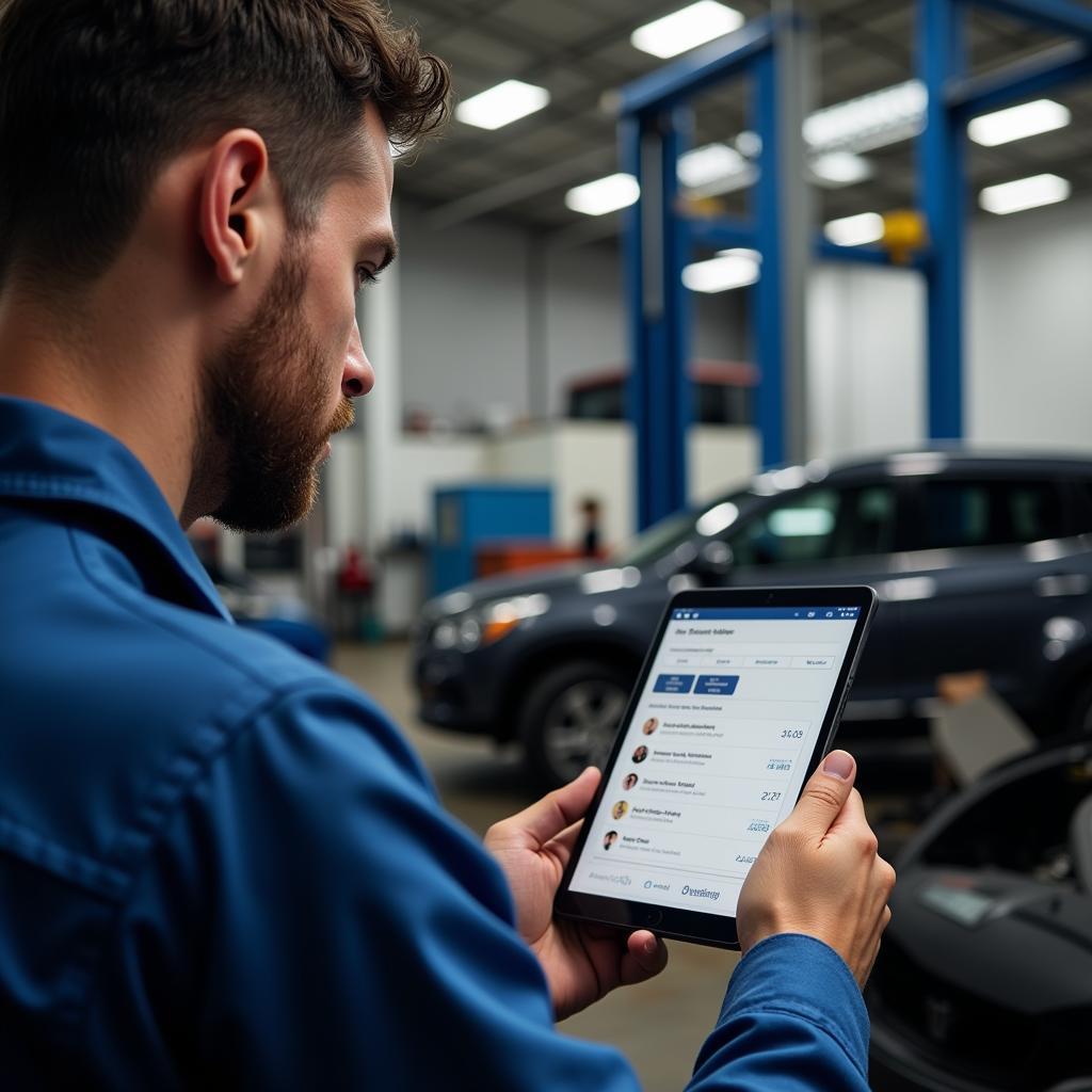 Mechanic Utilizing a Car Maintenance App in the Workshop