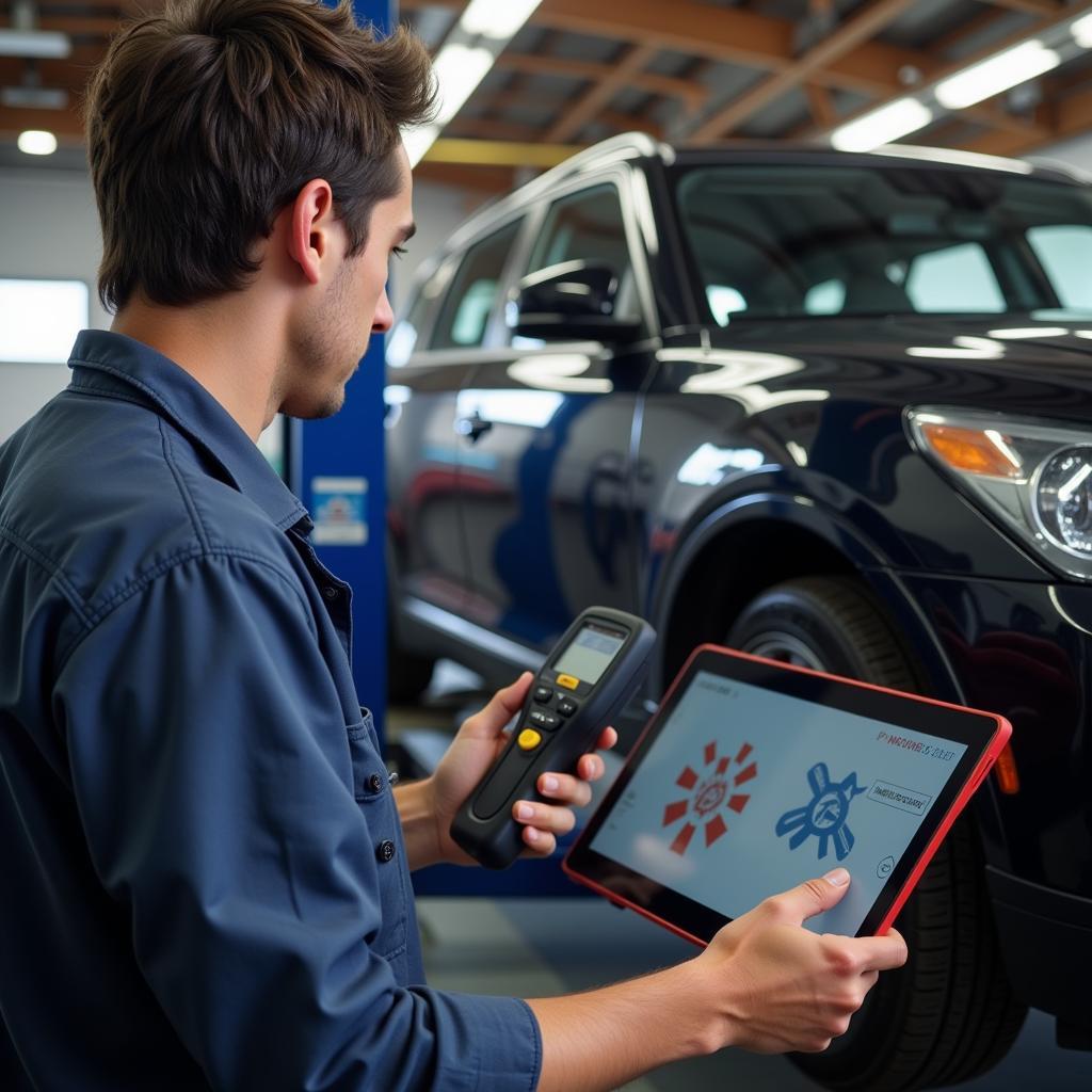 Mechanic using a car maintenance app on a tablet to diagnose a car problem.