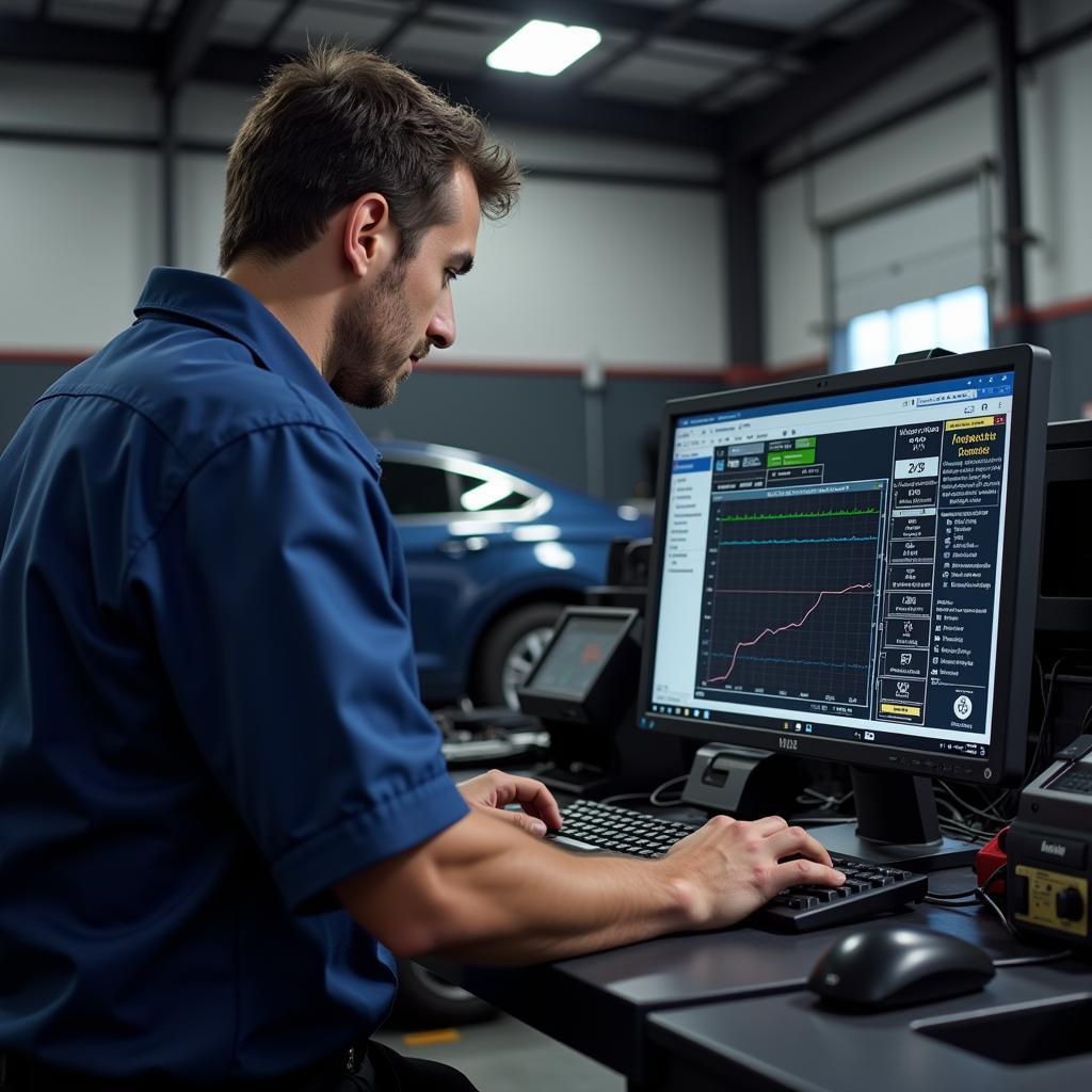 Mechanic Using Computer for Car Diagnostics