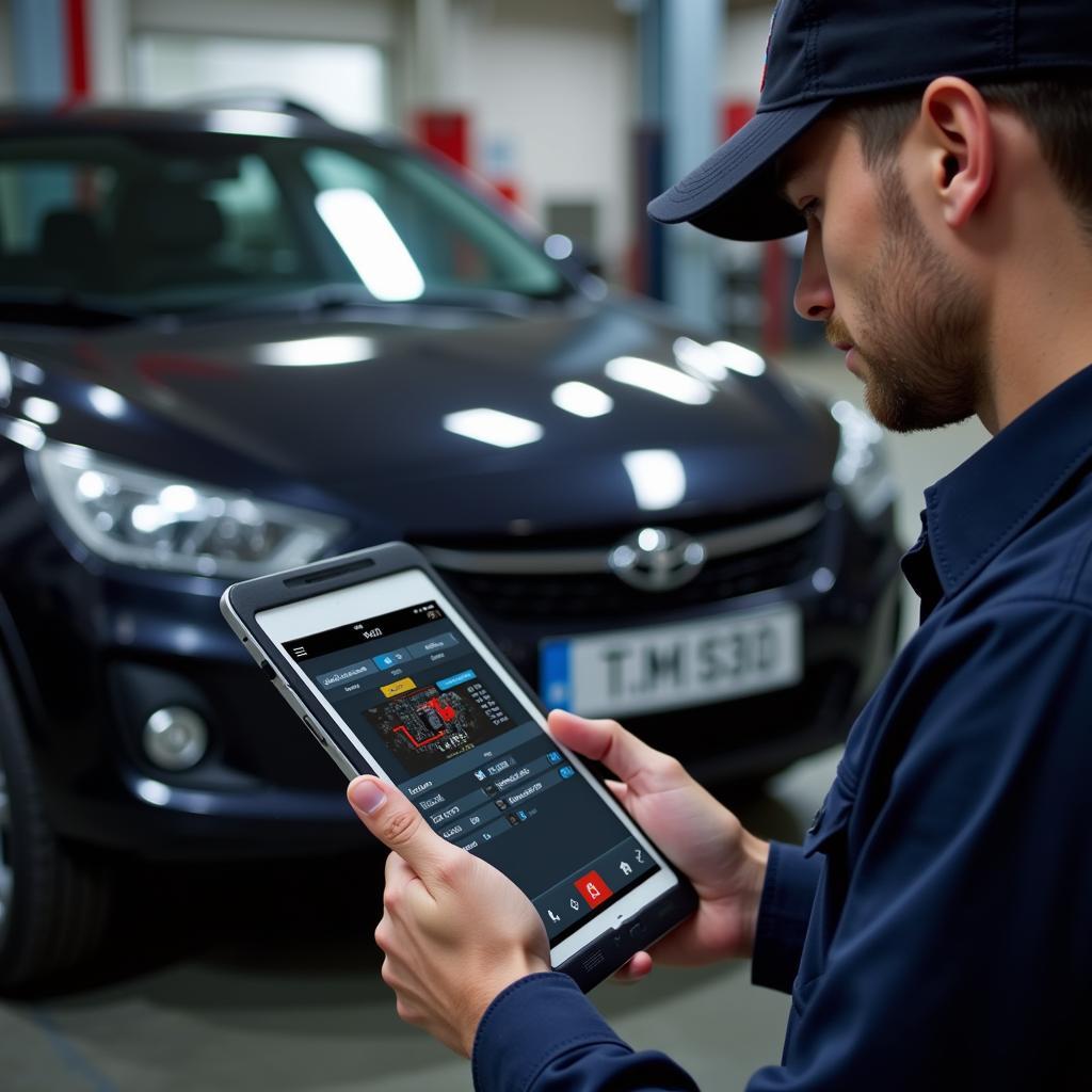 Mechanic Using Diagnostic App in Garage to Troubleshoot Car Issue