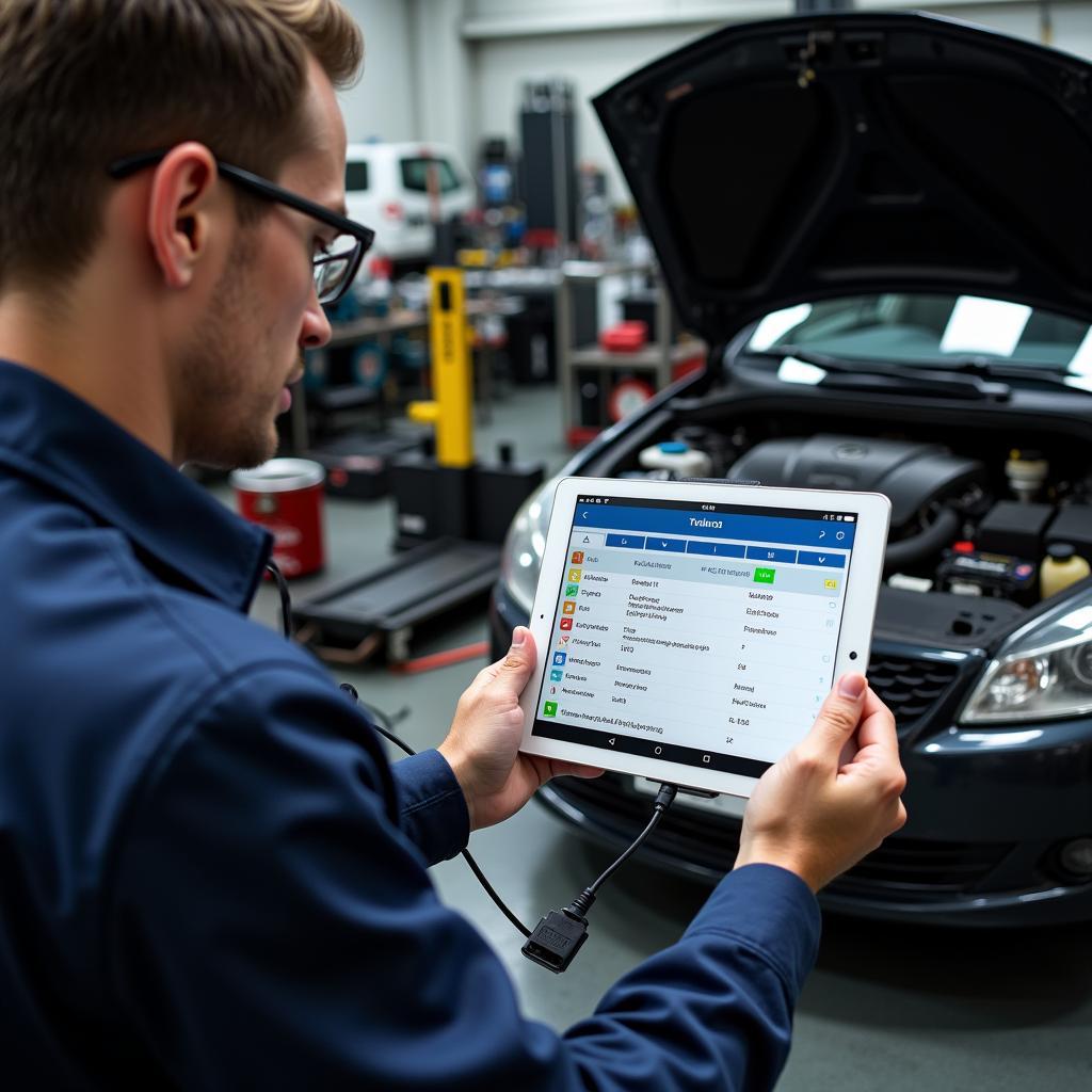 Mechanic Diagnosing Car Problems with a Tablet and Diagnostic App