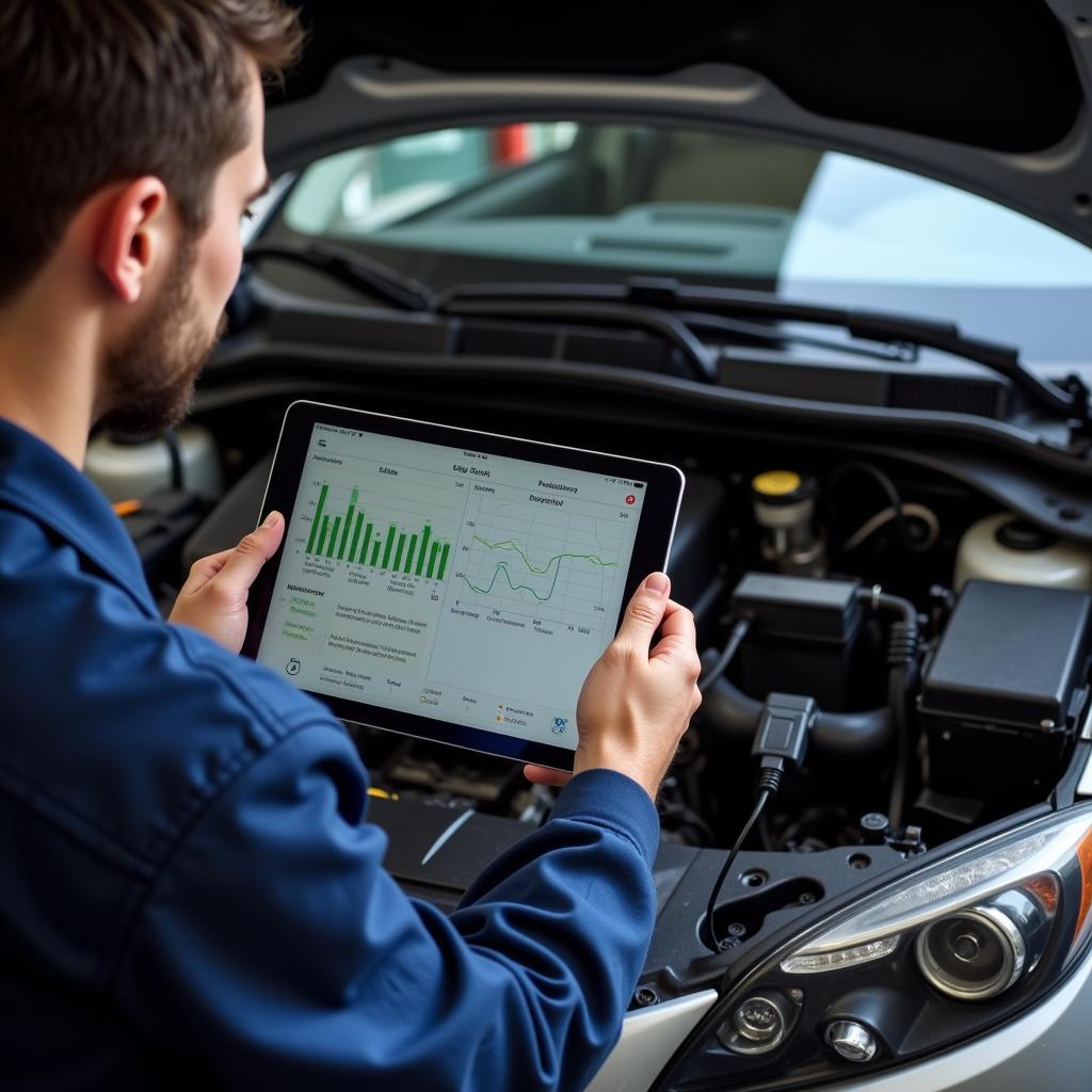 Mechanic Using Diagnostic App on Tablet