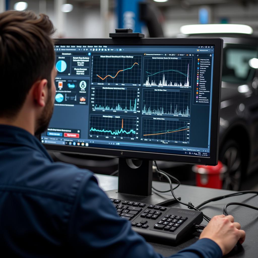 Mechanic Using Diagnostic Computer on Car