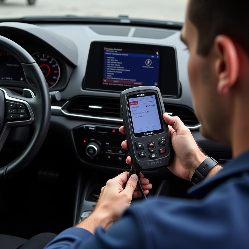 Mechanic using a diagnostic scanner on a car