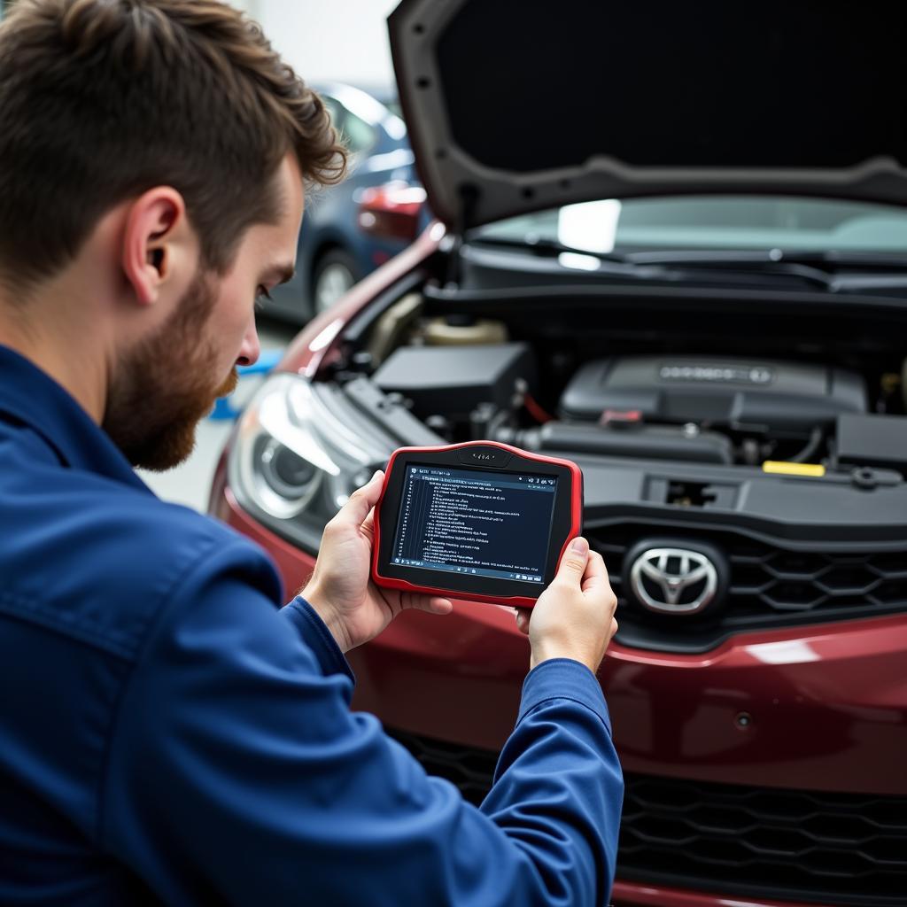 Mechanic Using Diagnostic Scanner on Wrecked Car