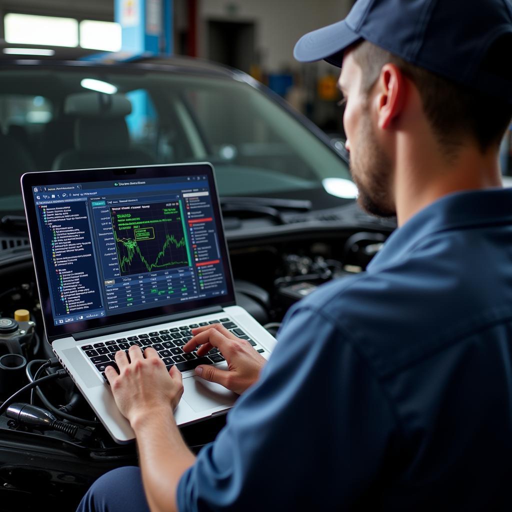 Mechanic Using Diagnostic Software for Complex Car Problems