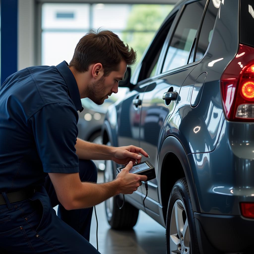 Mechanic Using Diagnostic Tool on Car