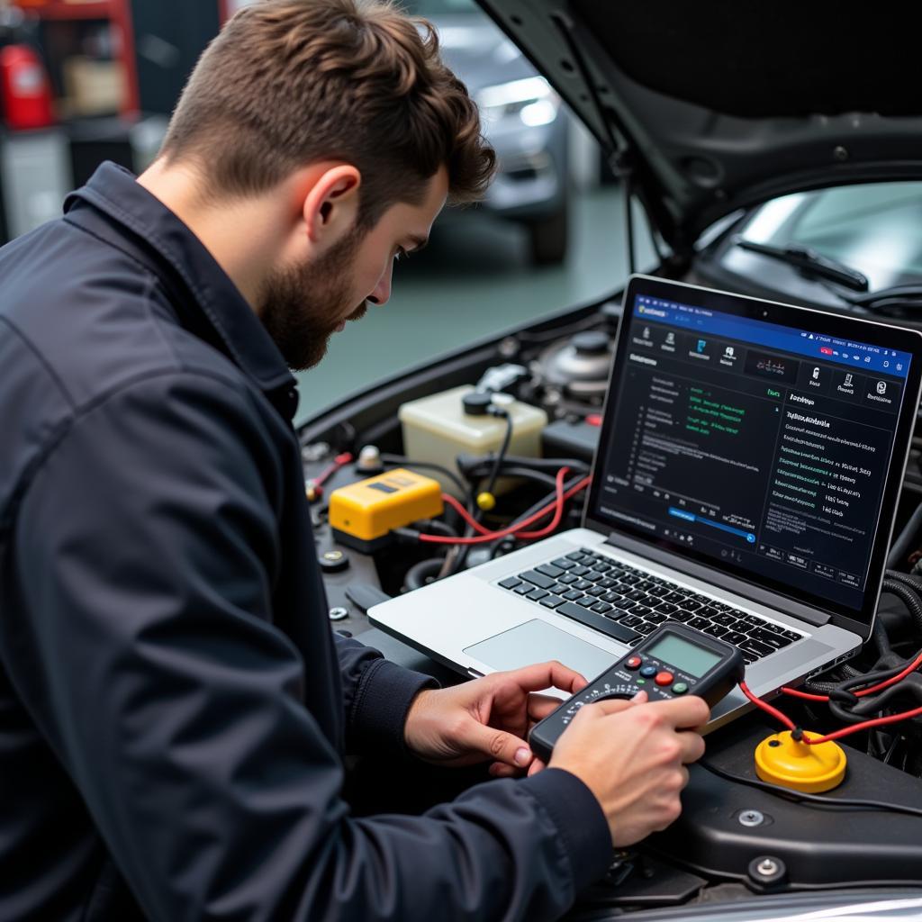 Mechanic Using Diagnostic Tools in Car Repair Shop