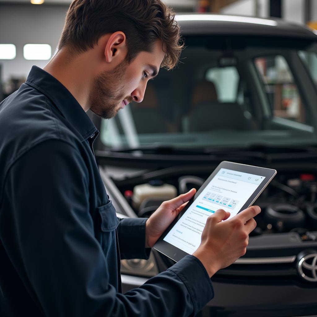 Mechanic Using a Digital Tablet for Car Maintenance