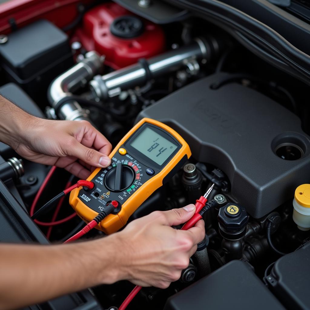 Mechanic Using Multimeter on Car Engine: Diagnosing Electrical Issues