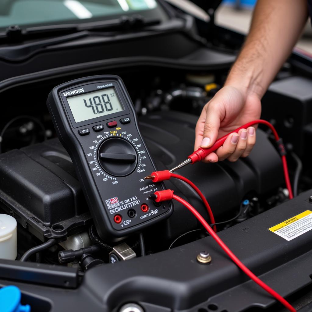 Mechanic Using Multimeter to Diagnose Car Wiring Issues