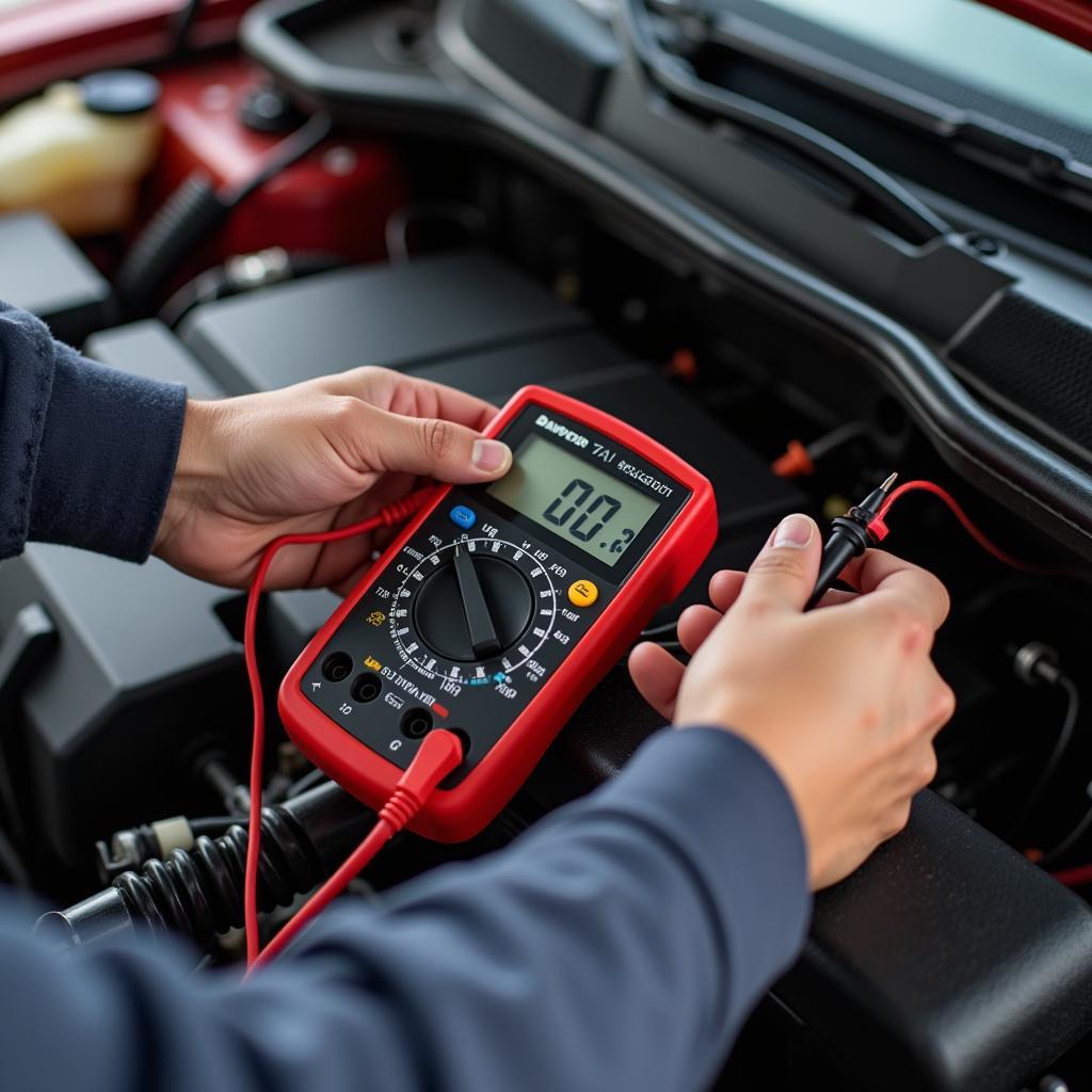 Mechanic using a multimeter to diagnose car electrical problems