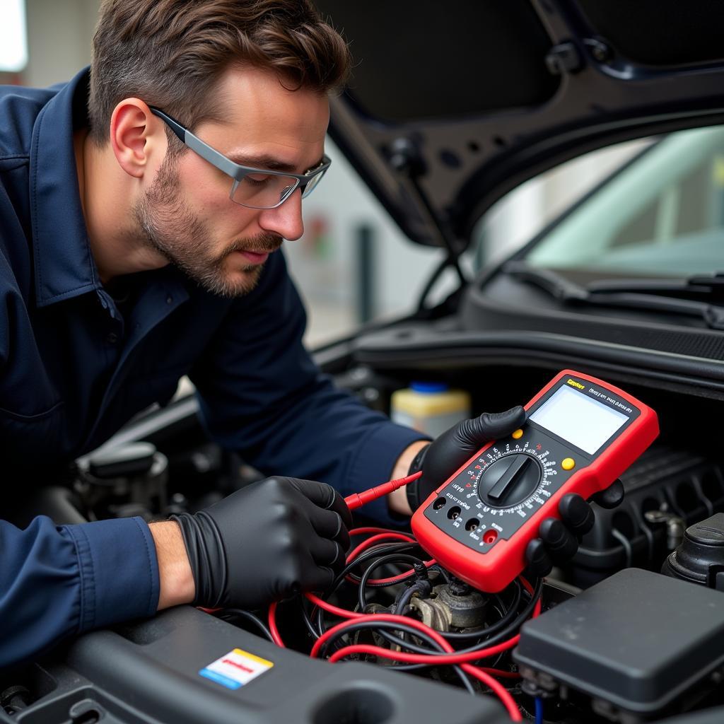 Mechanic Using Multimeter on Car Engine