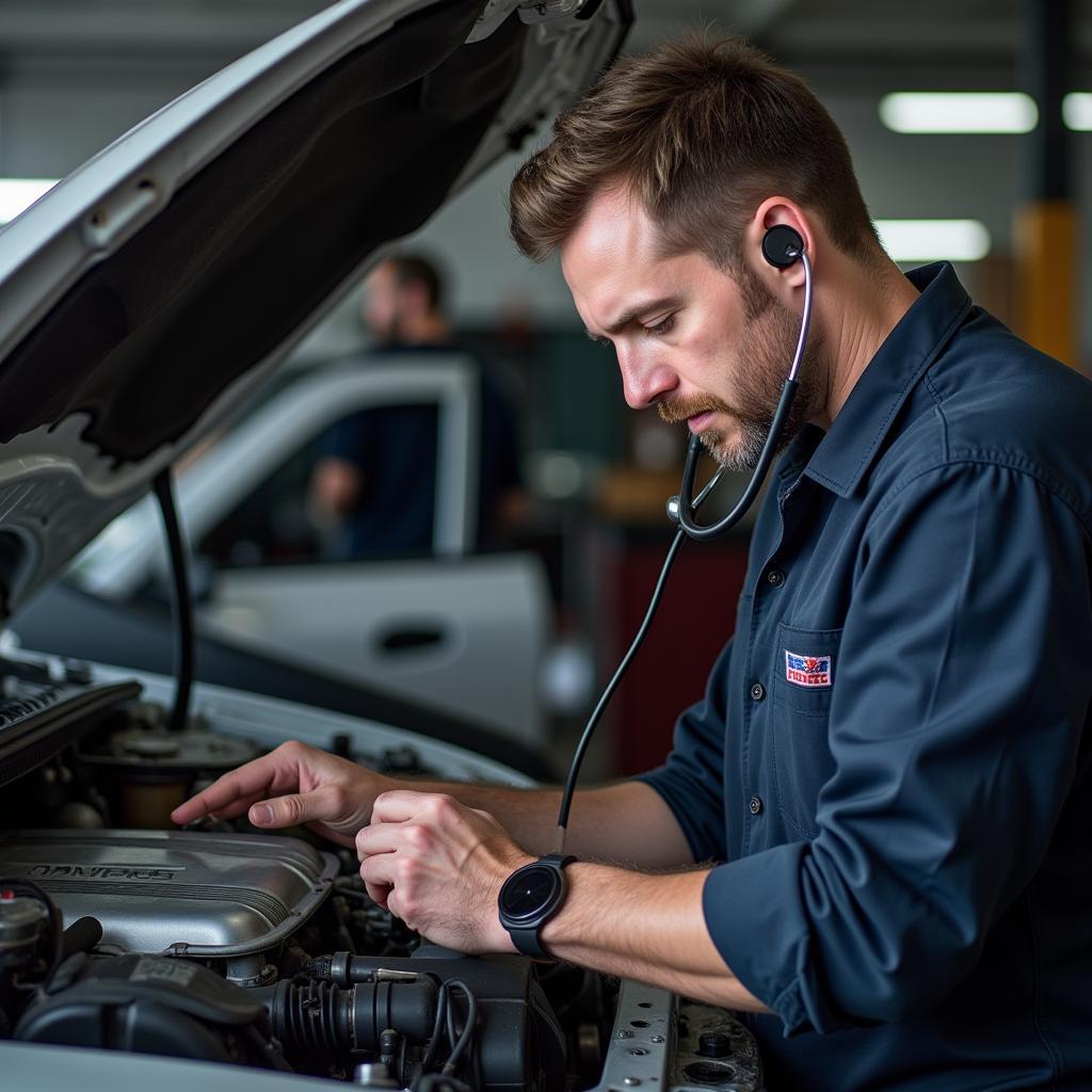 Mechanic Diagnosing Engine Ticking Noise