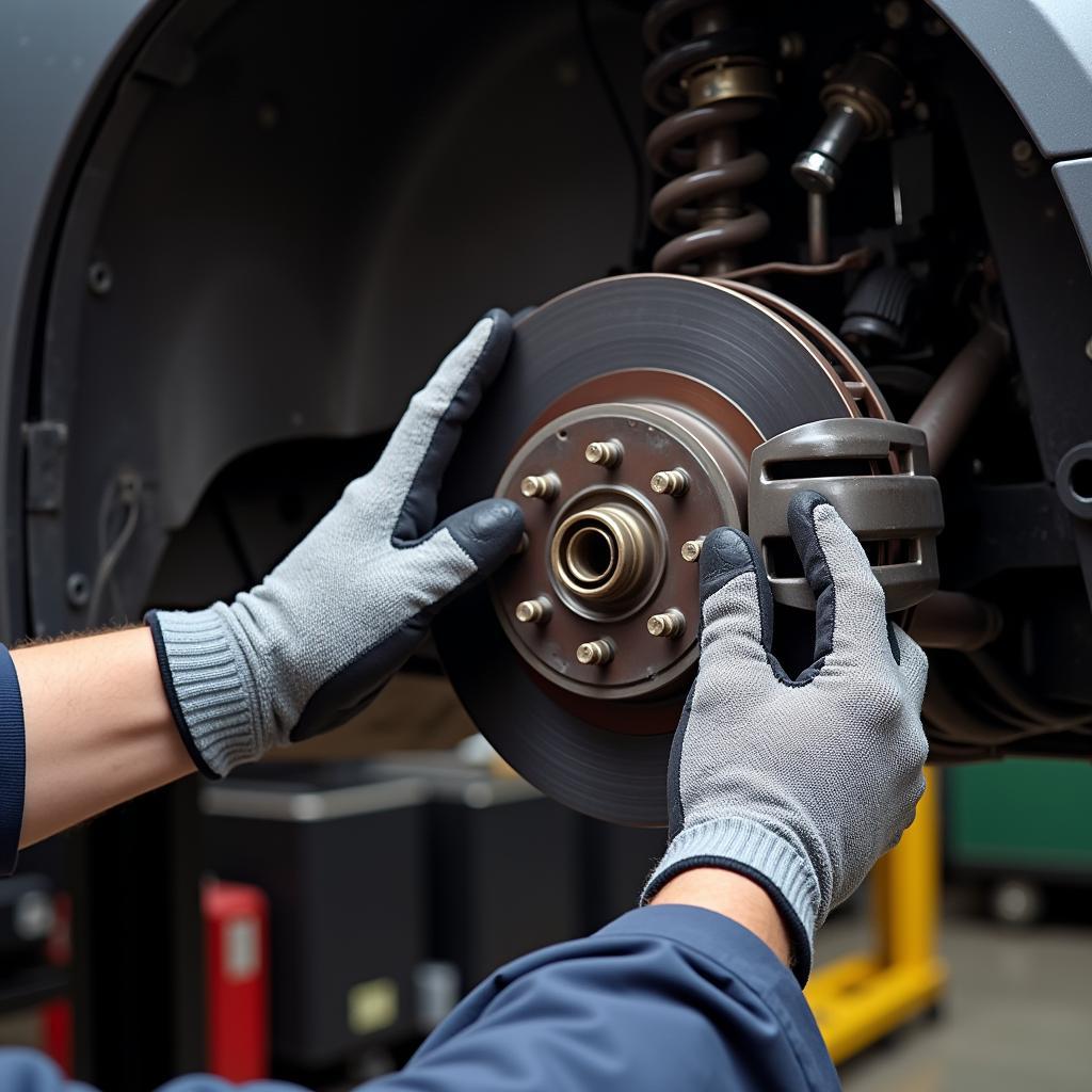 Mechanic wearing gloves while working on car brake