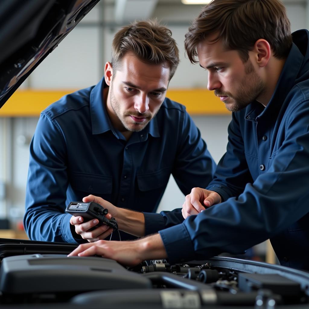 Mechanic diagnosing car problem