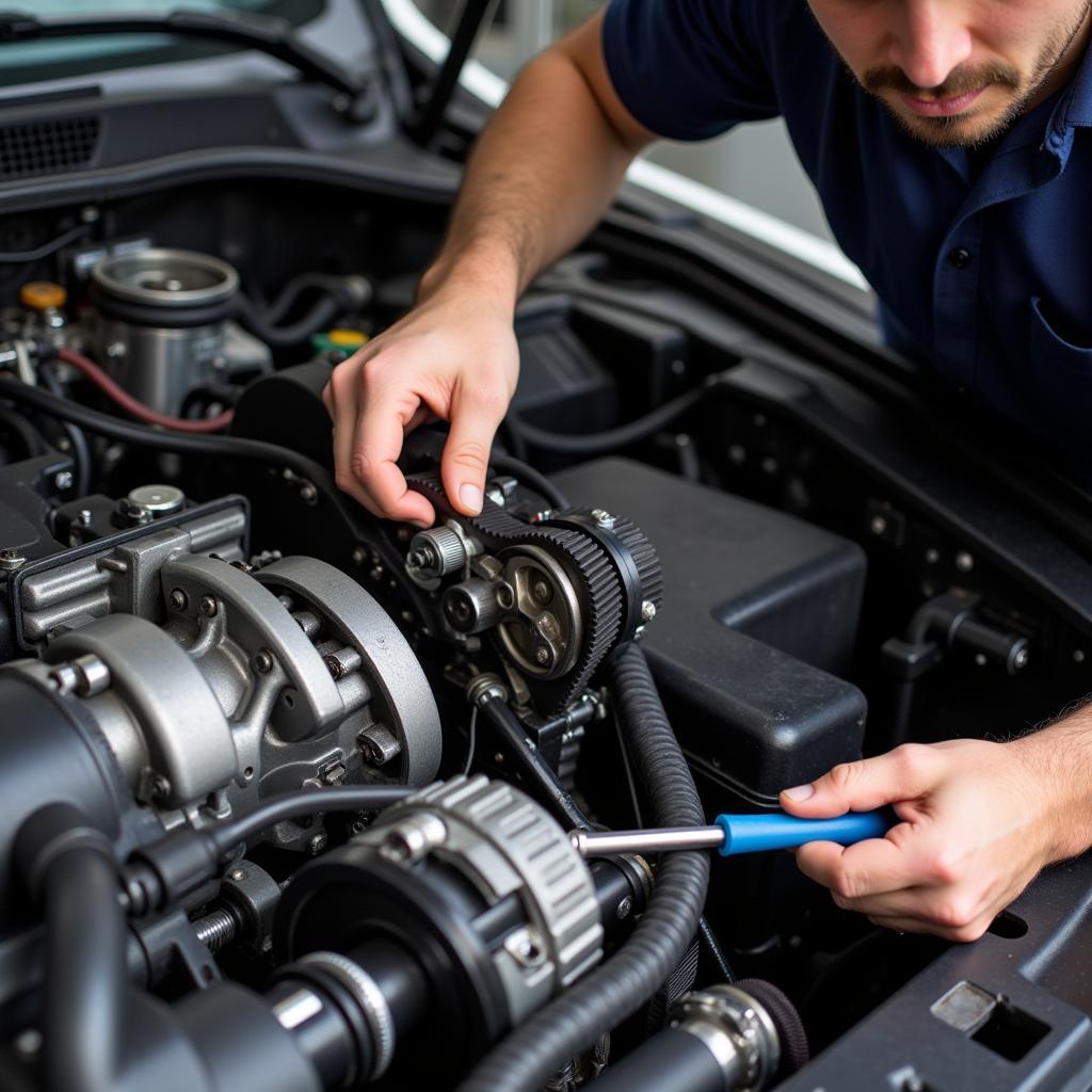 Mechanic Working on Car Engine Timing