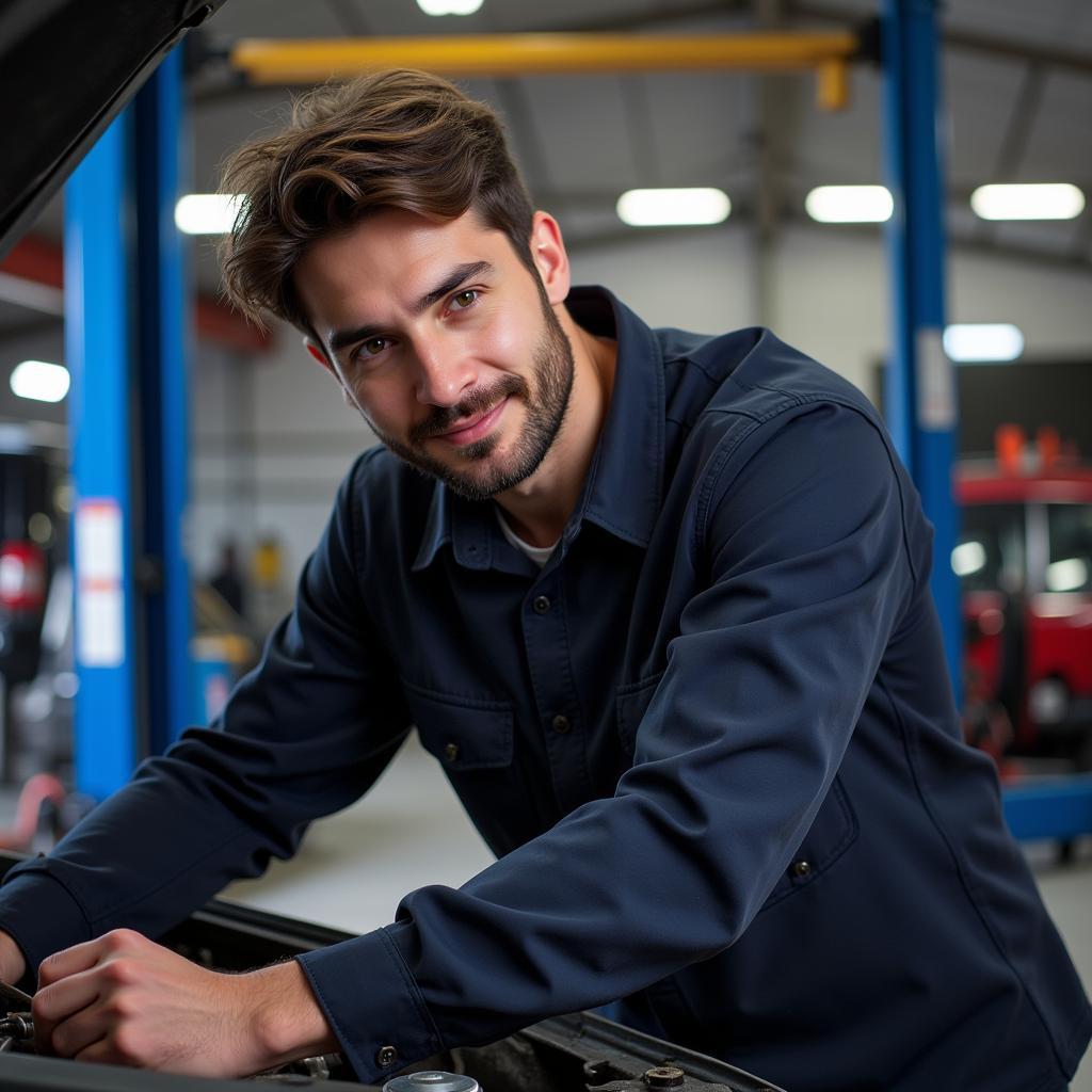 Mechanic Performing Car Maintenance in a Garage