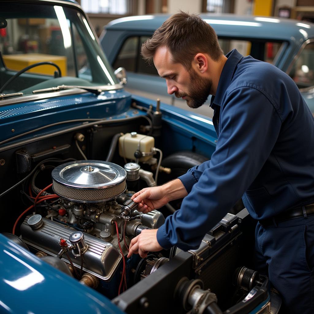 Mechanic Working on a Classic Car Engine