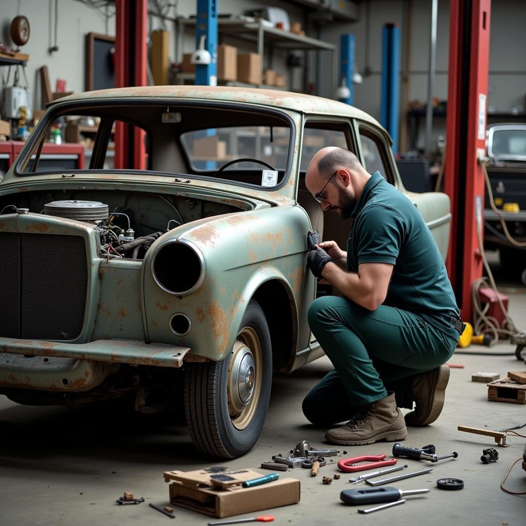 Mechanic Working on a Classic Car Restoration Project