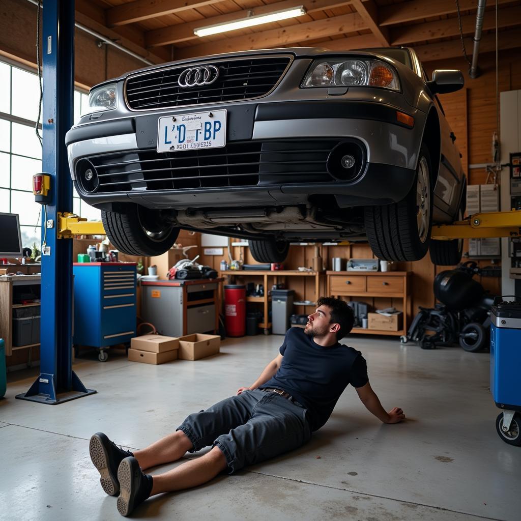 Mechanic Working Under Car in DIY Garage