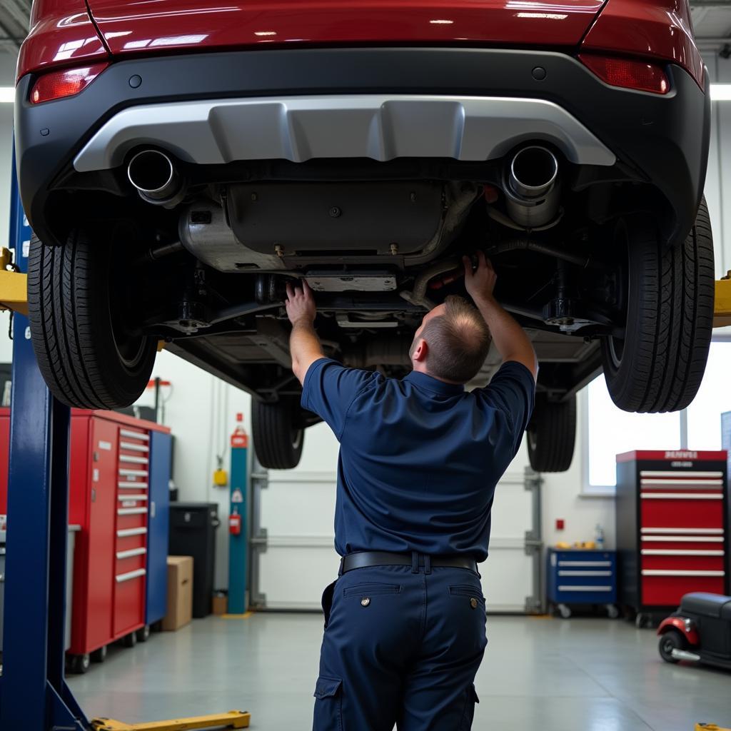 A mechanic working under a car in a professional repair shop.