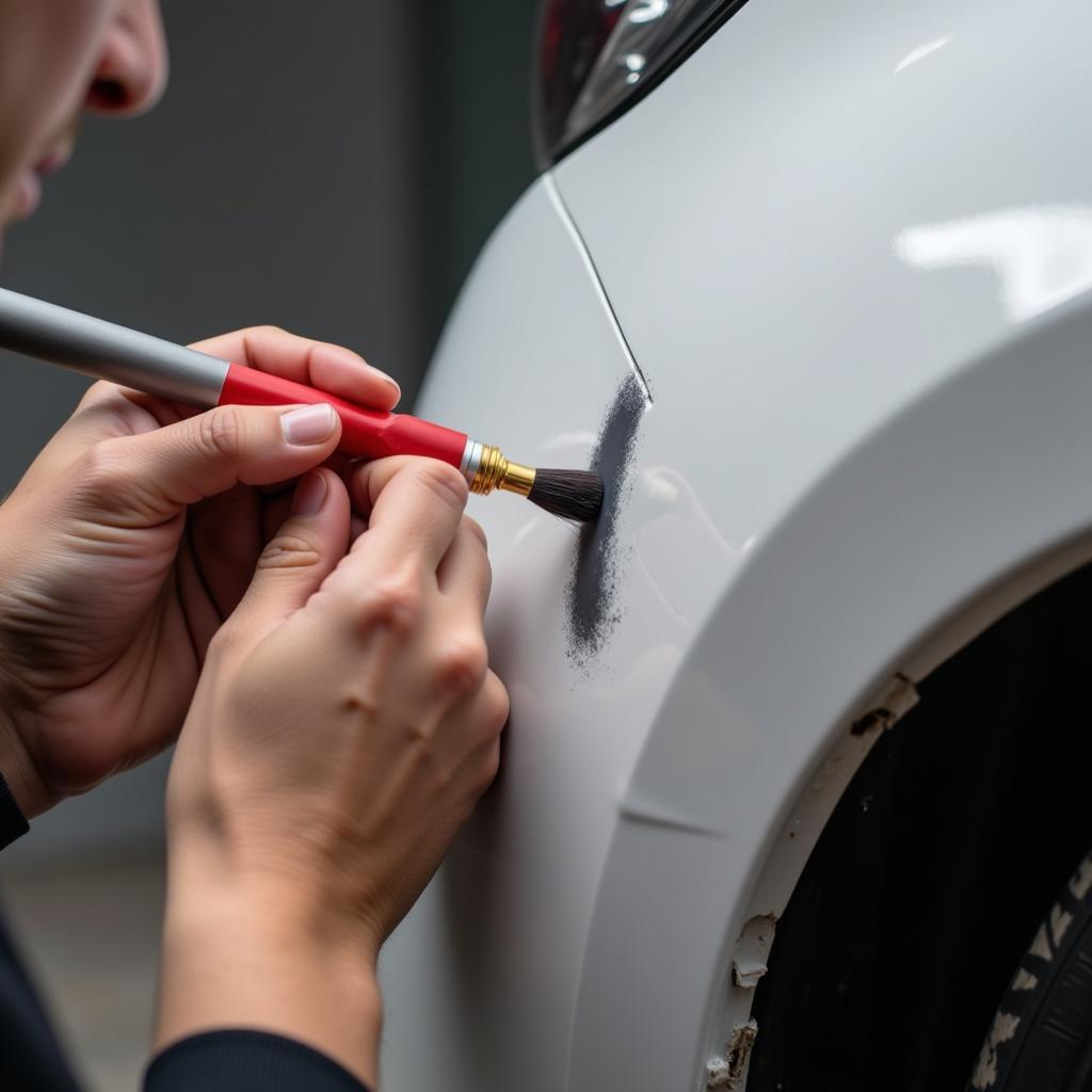 Applying touch-up paint to a minor crack in car paint