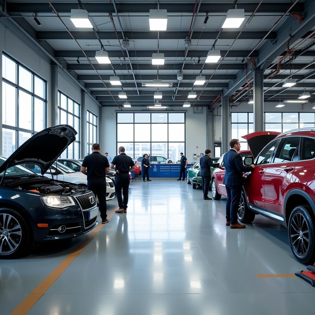 Modern Auto Repair Shop with Technicians Working