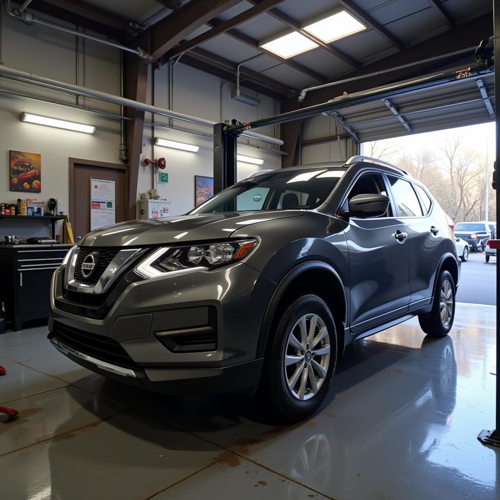 Nissan Rogue on a Lift for Inspection