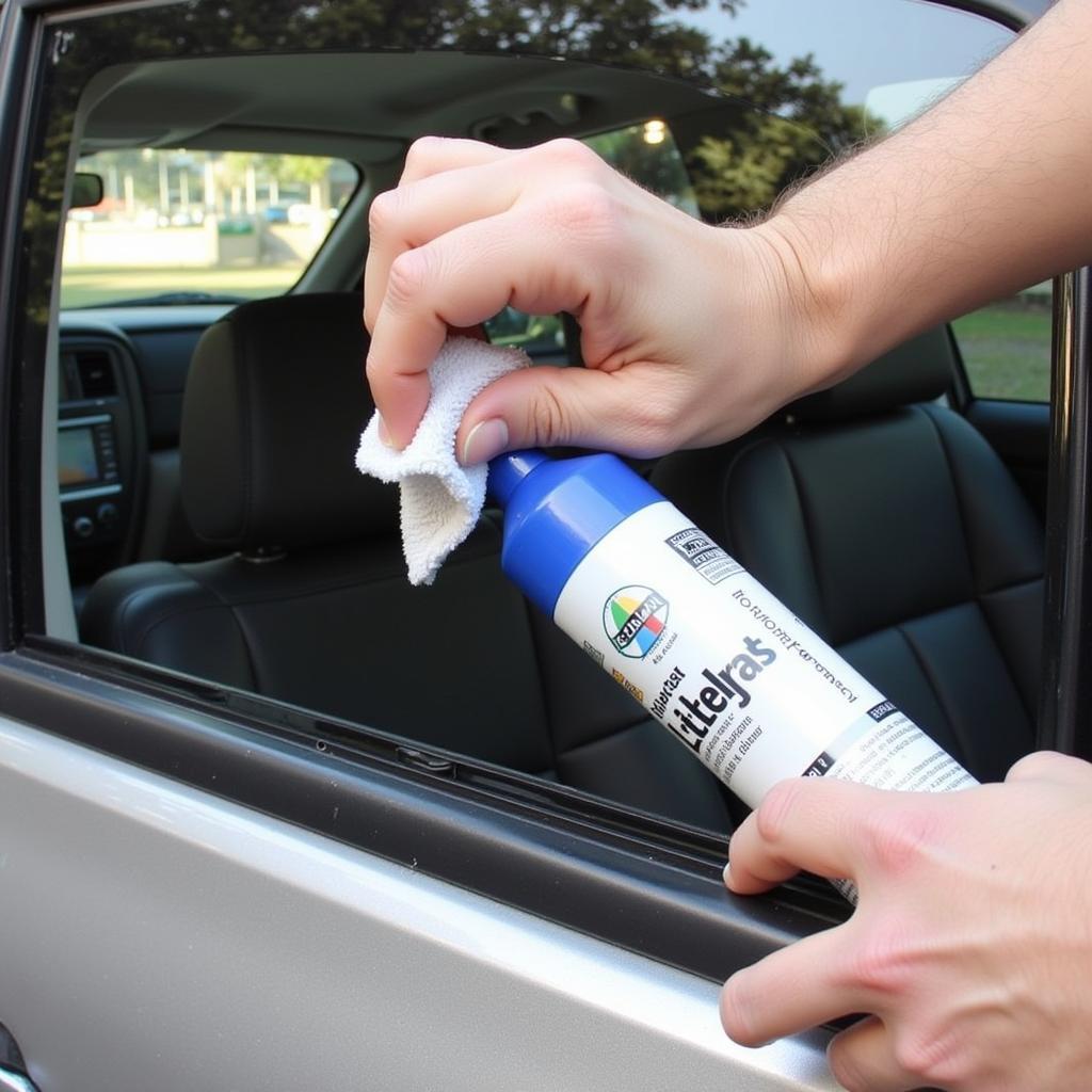 Applying lubricant to a Nissan Sentra's window seal