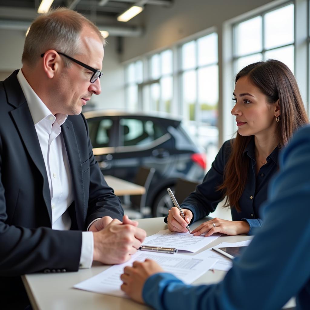 No Credit Check Car Dealership: A buyer reviews paperwork at a car dealership.