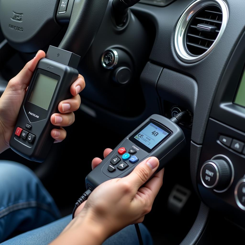 OBD-II scanner plugged into a car's diagnostic port