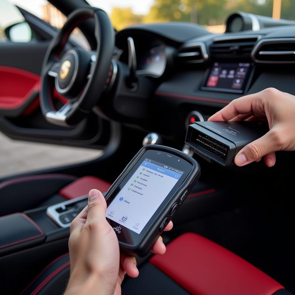 OBD-II scanner connected to a supercar's diagnostic port