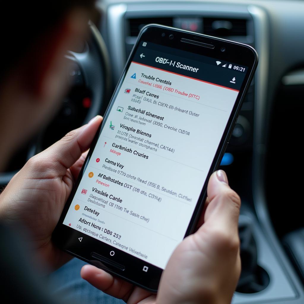 OBD2 Scanner App Interface Displaying Diagnostic Trouble Codes