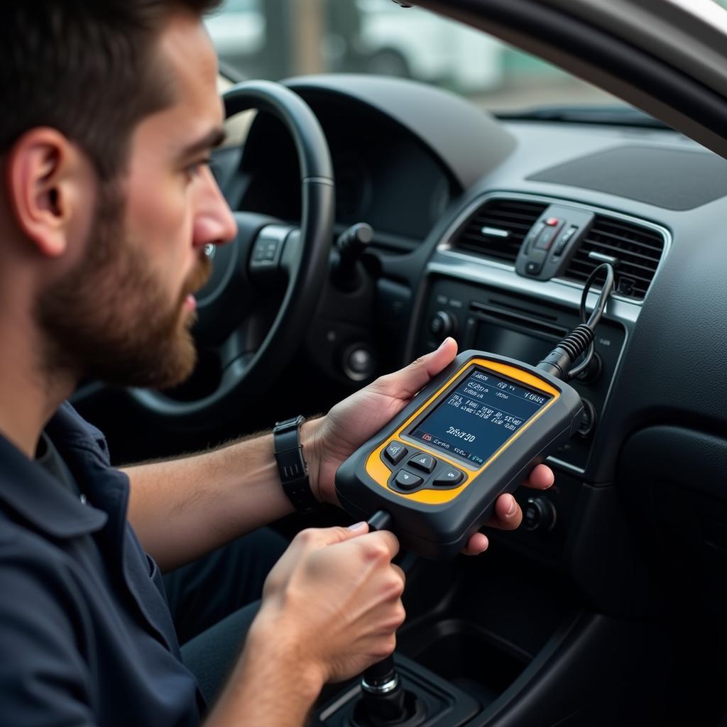 Mechanic Using OBD2 Scanner to Diagnose Airbag Problems