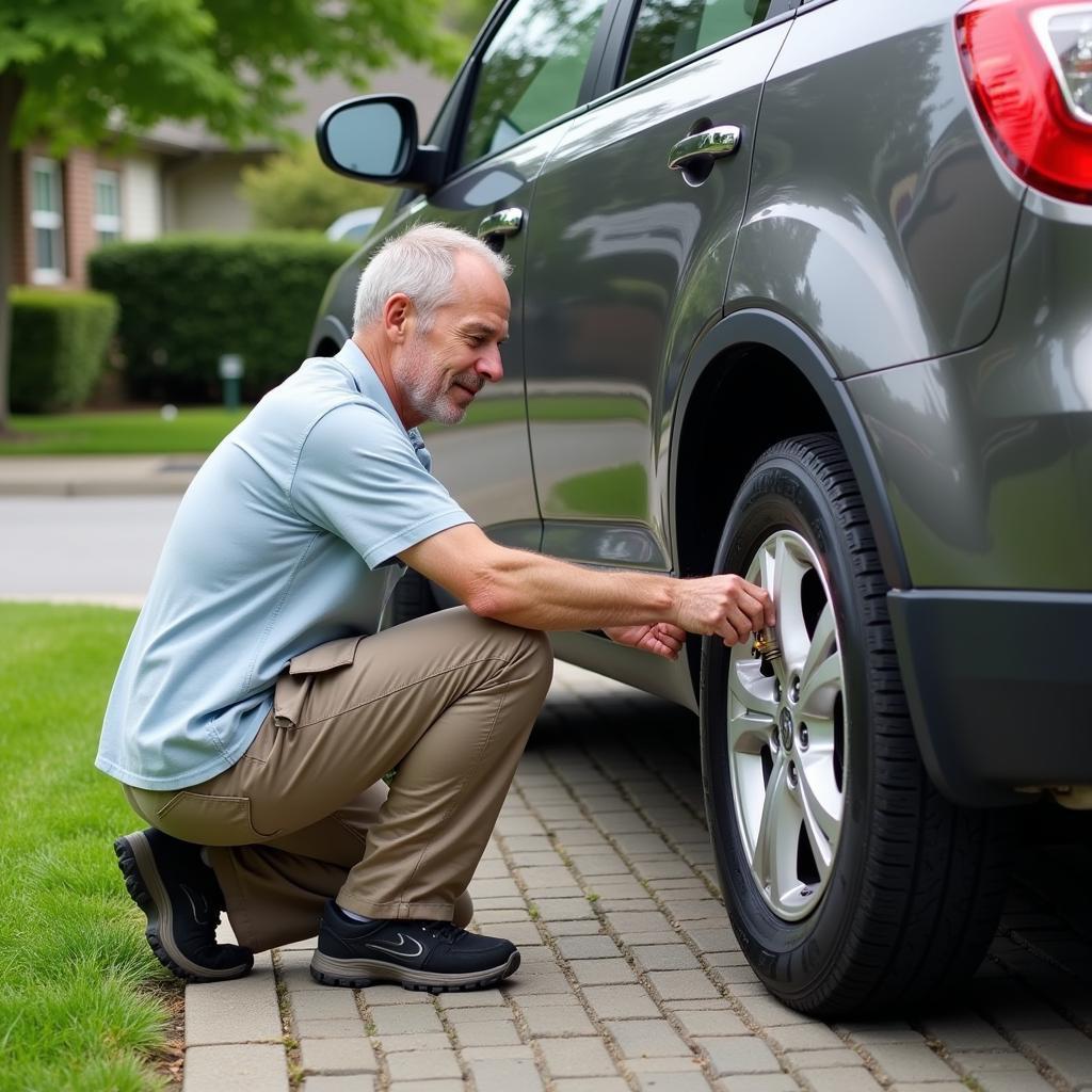 Older Man Checking Tire Pressure