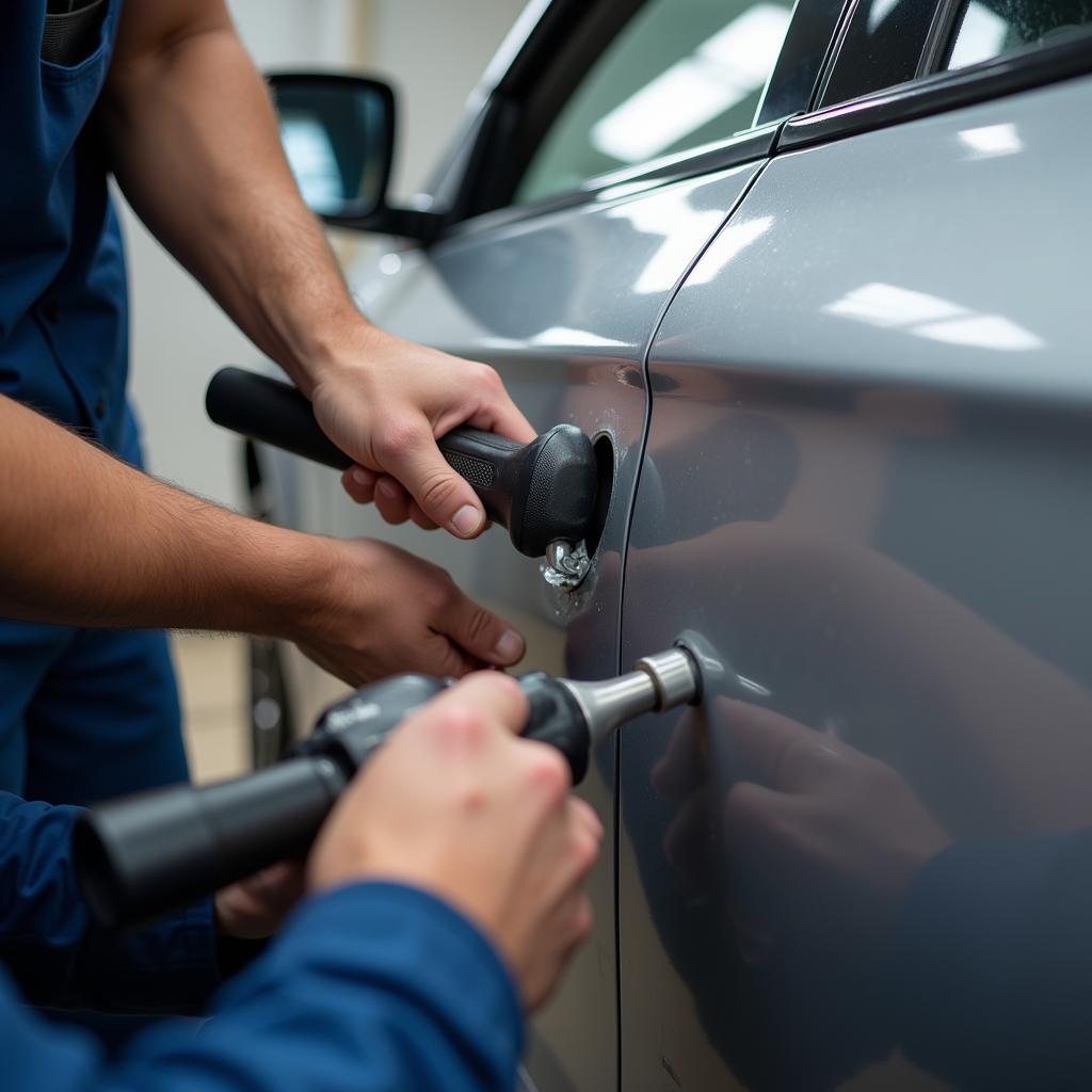 Technician Performing Paintless Dent Repair (PDR) on Car Door