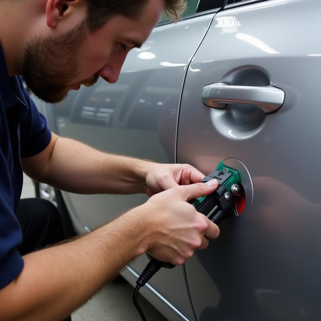 Paintless dent repair process on a car door