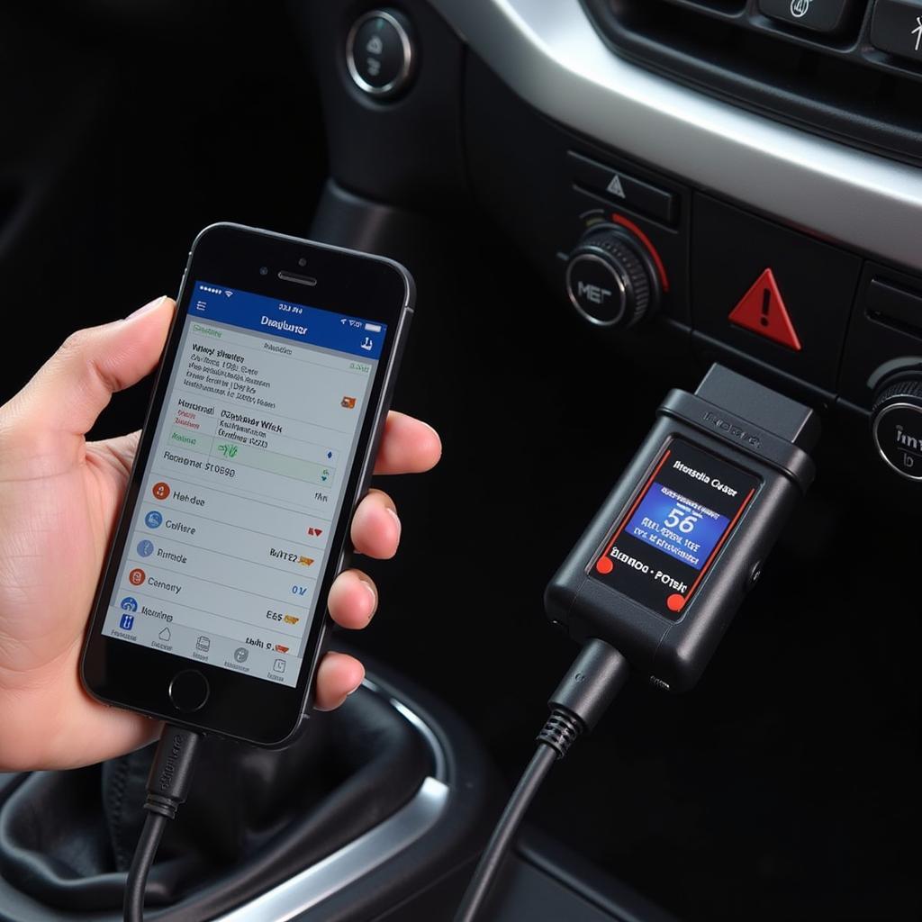 Phone Connected to OBD2 Scanner for Car Diagnostics