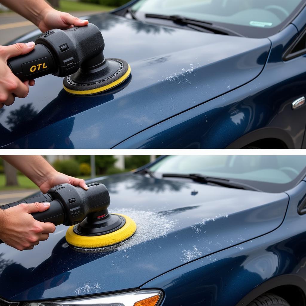 Polishing Car Paint After Acid Rain Damage: A person using a polishing machine to remove etched marks caused by acid rain. 