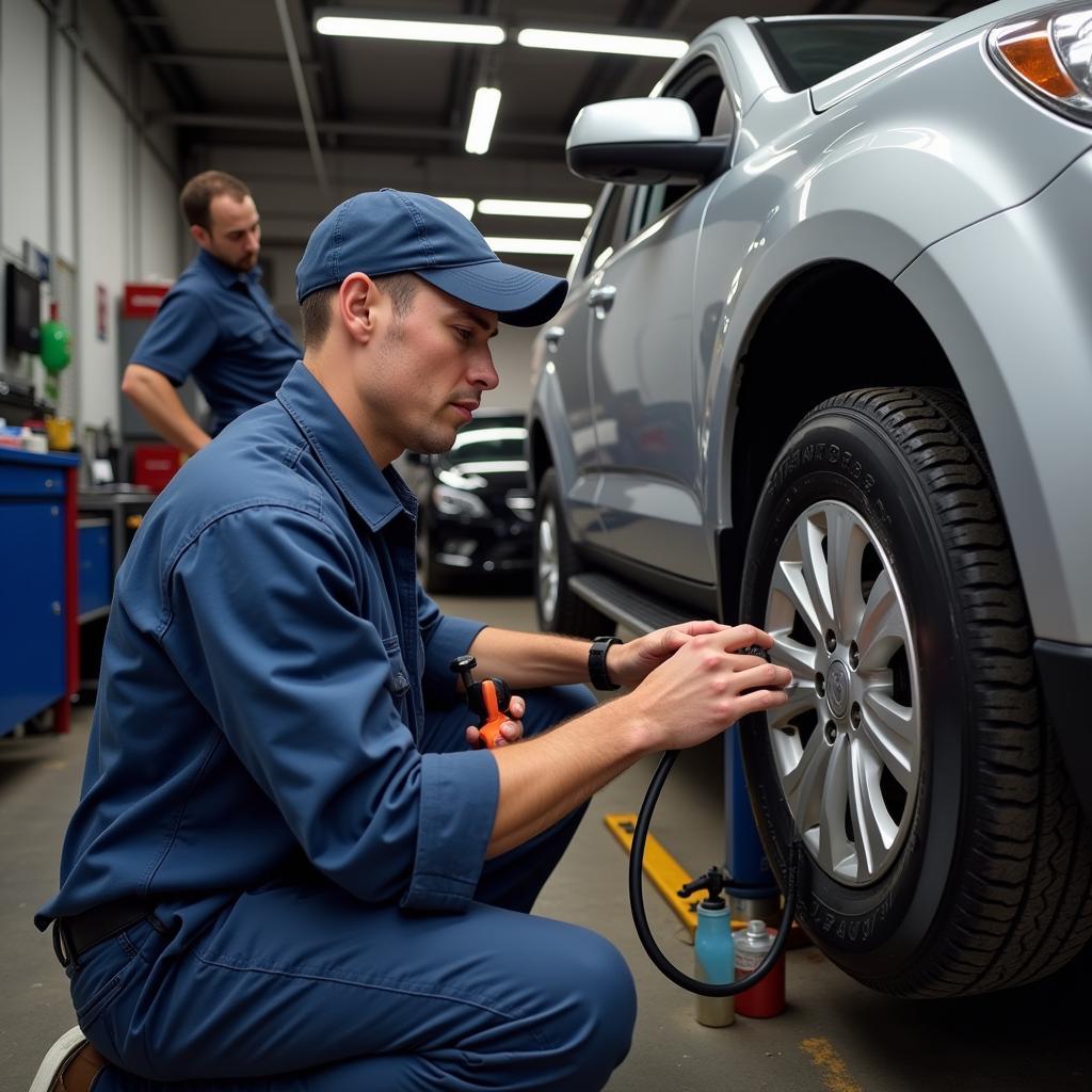 Preventative car maintenance checkup including oil change and tire rotation to avoid future car service problems.