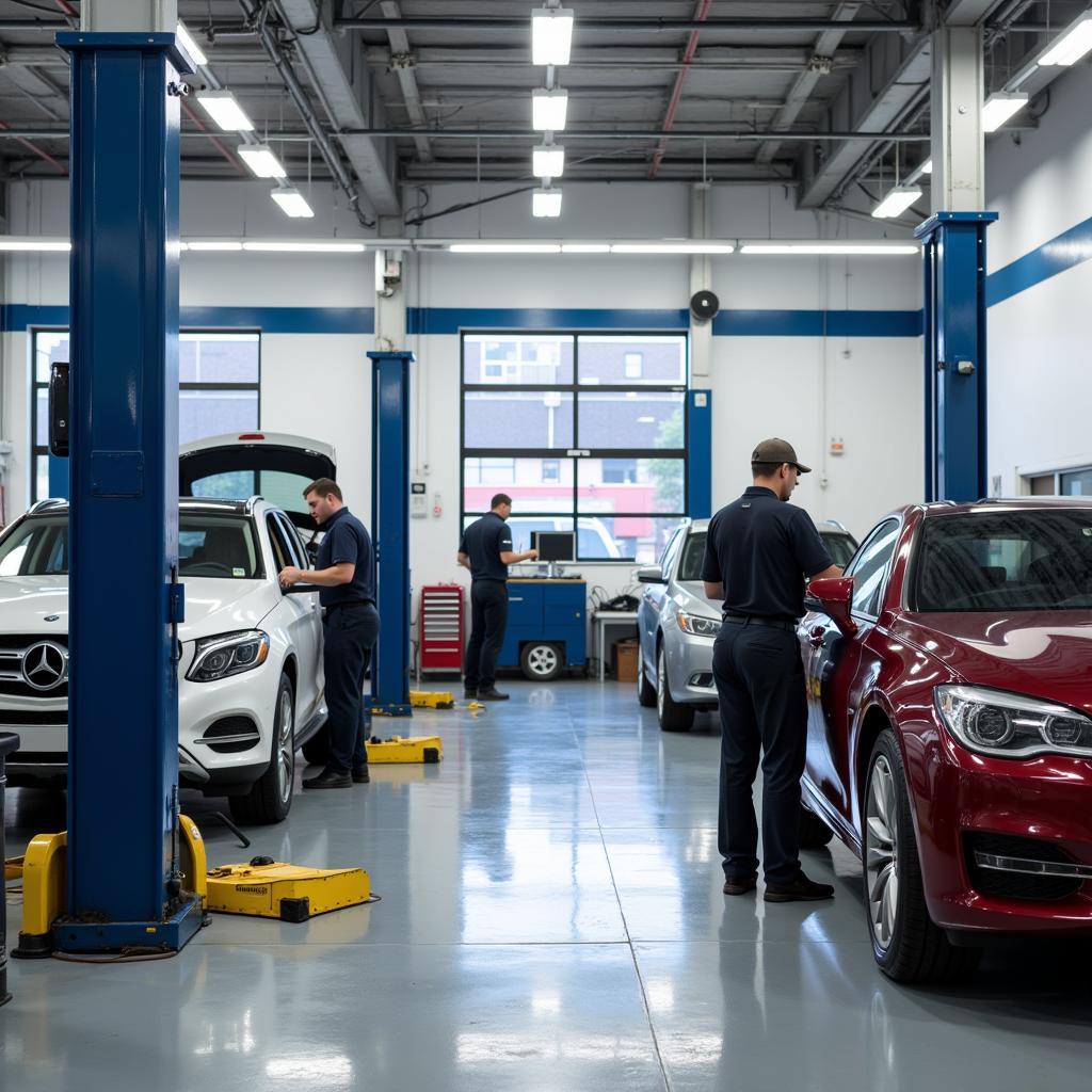 Modern Auto Body Repair Shop with Technicians Working