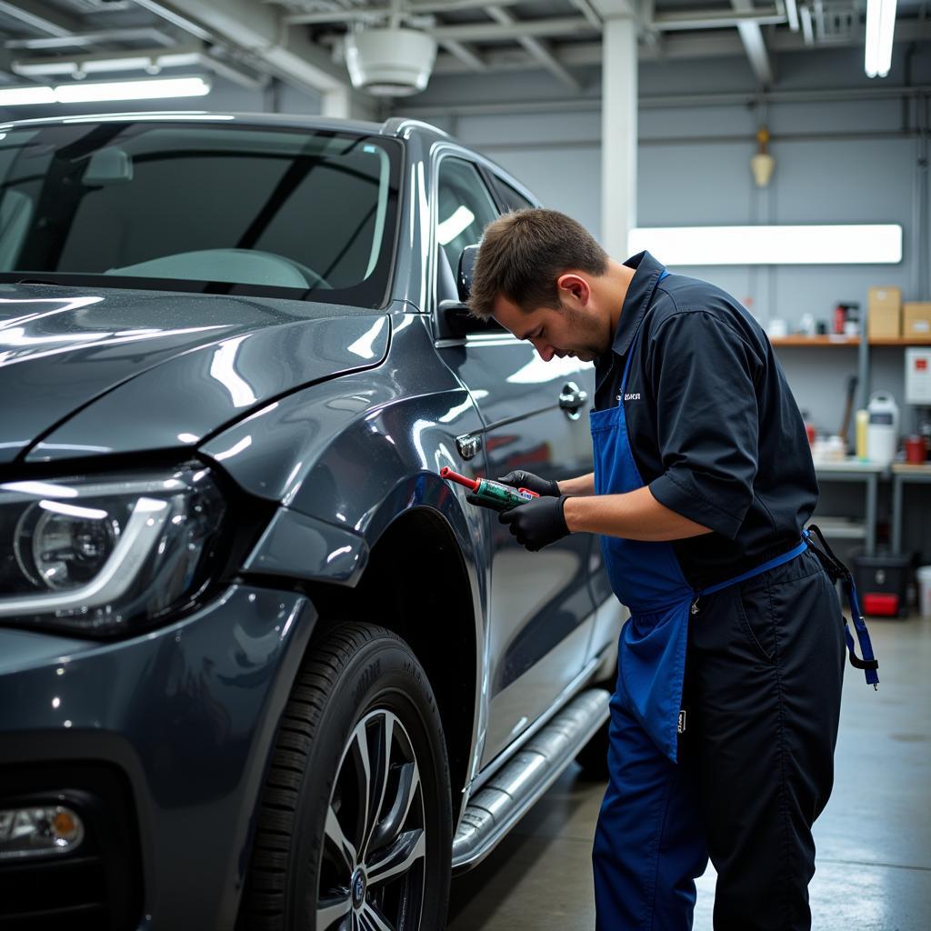 Professional car body repair in a workshop