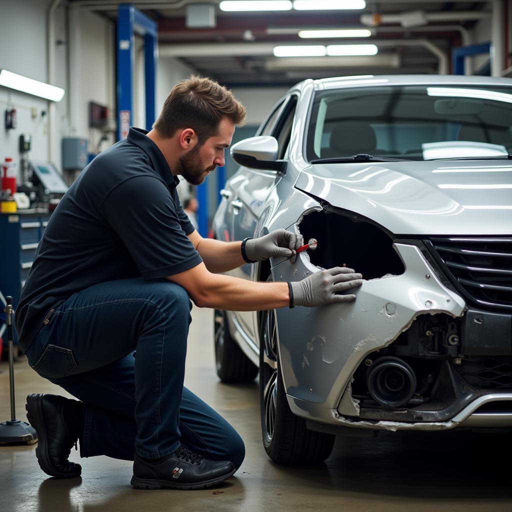 Professional Car Body Repair Process in an Auto Shop