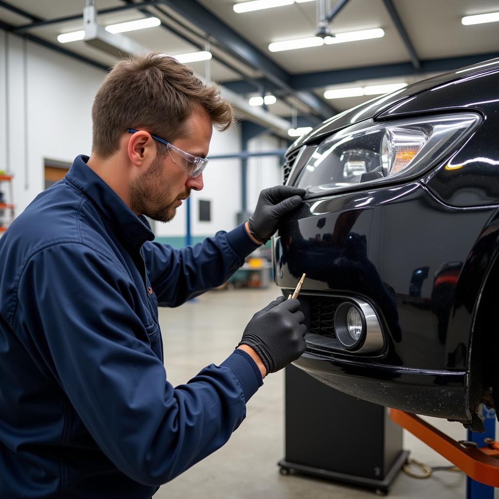 A professional repairing a damaged car bumper