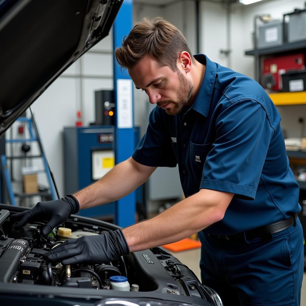 Professional Car Mechanic Working on Engine