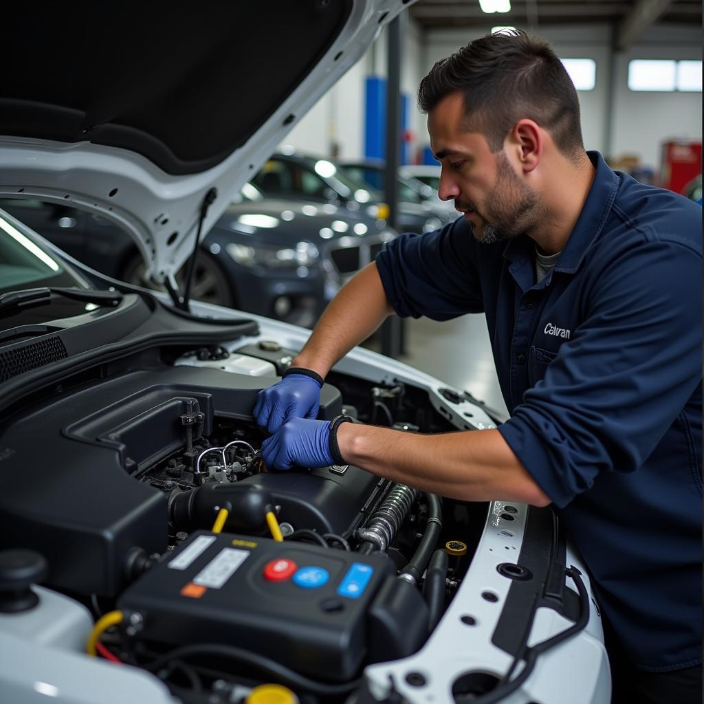 Professional Car Mechanic Working On Engine